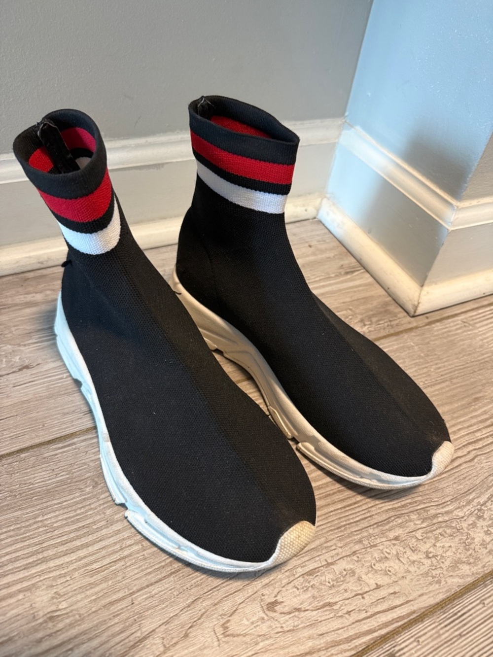 Steve Madden Black Knit Sock Sneaker Booties with Red & White Accents